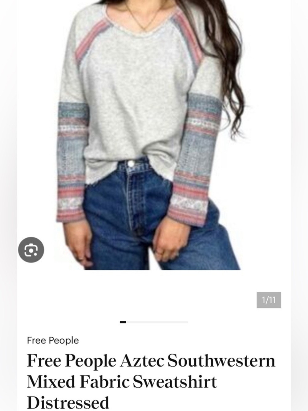 Free People Gray Aztec Sweatshirt with Patterned Coral and Blue Sleeve Inserts